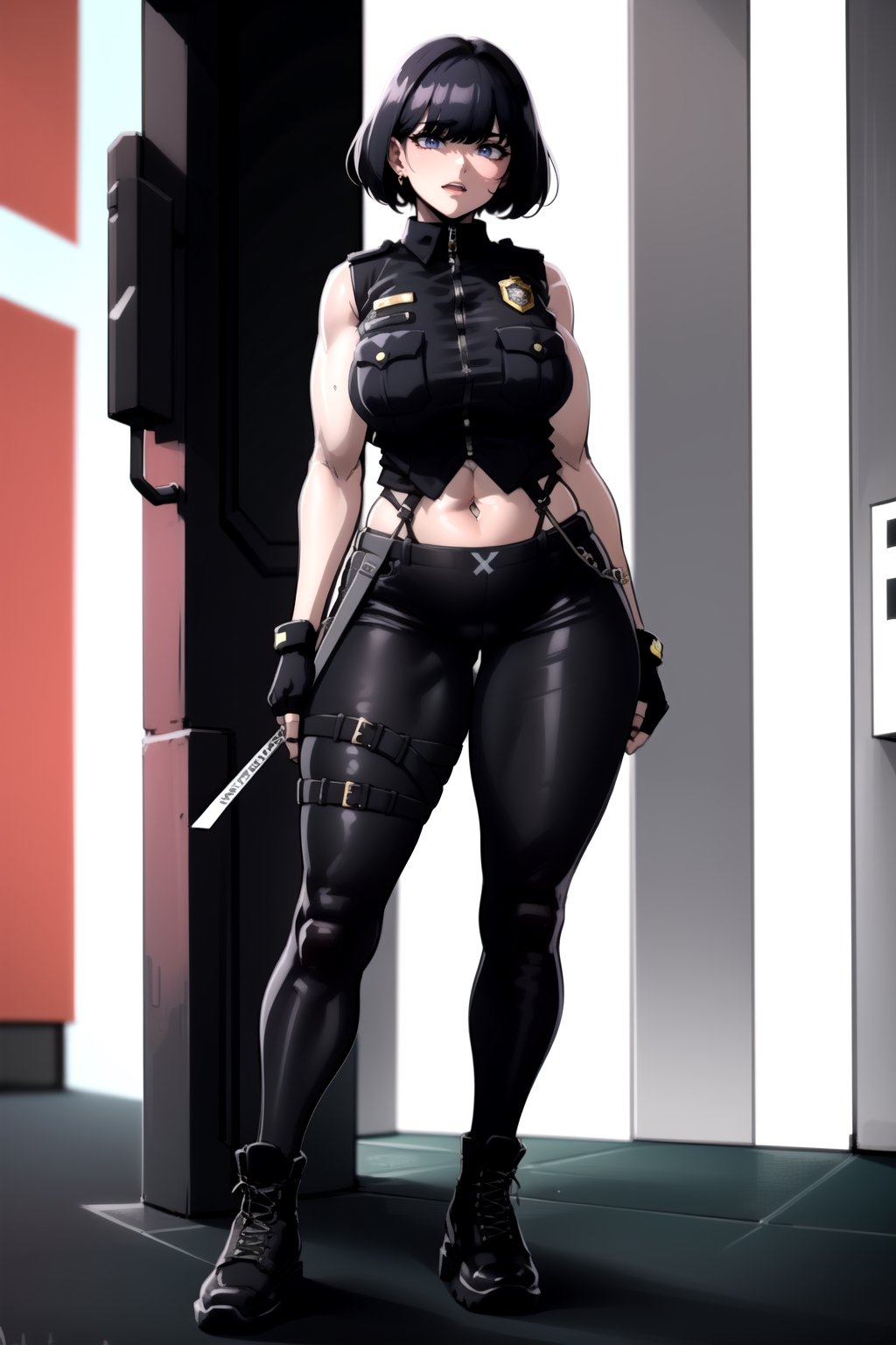 1girl, fullbody, mature female, milf, curvy, large breasts,abs, voloptuous, BREAK (black techwear vest with a white buttoned shirt, black pants with buckle and tape), (police badge), tall, full body shot, cyberpunk style,standing, symmetrical breasts, fingerless gloves, combat boots,