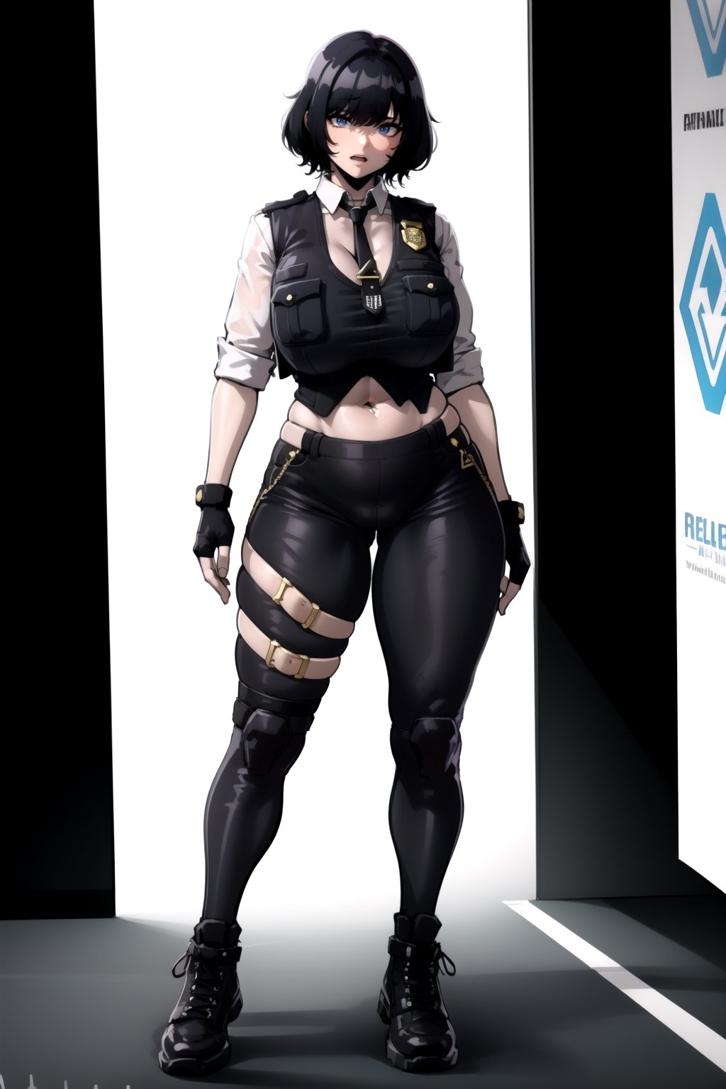 1girl, fullbody, mature female, milf, curvy, large breasts,abs, voloptuous, BREAK (black techwear vest with a white buttoned shirt, black pants with buckle and tape), (police badge), tall, full body shot, cyberpunk style,standing, symmetrical breasts, fingerless gloves, combat boots,