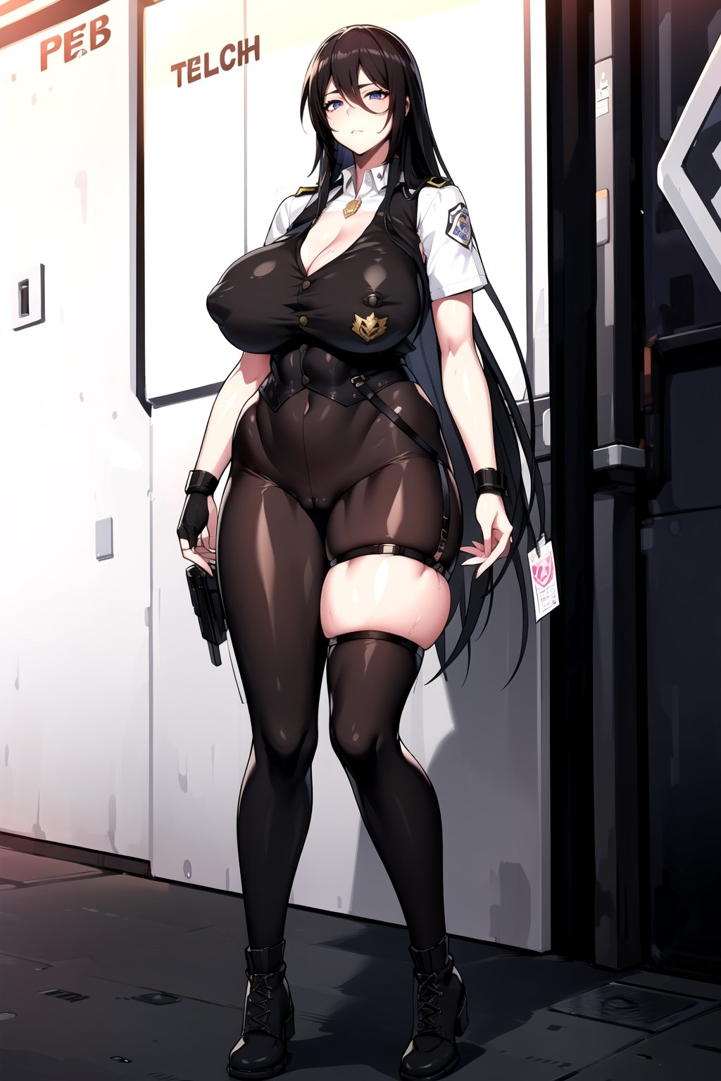 1girl, fullbody, mature female, milf, curvy, large breasts,abs, voloptuous, BREAK (black techwear vest with a white buttoned shirt, black pants with buckle and tape), (police badge), tall, full body shot, cyberpunk style,standing, symmetrical breasts, fingerless gloves, combat boots,kcccc