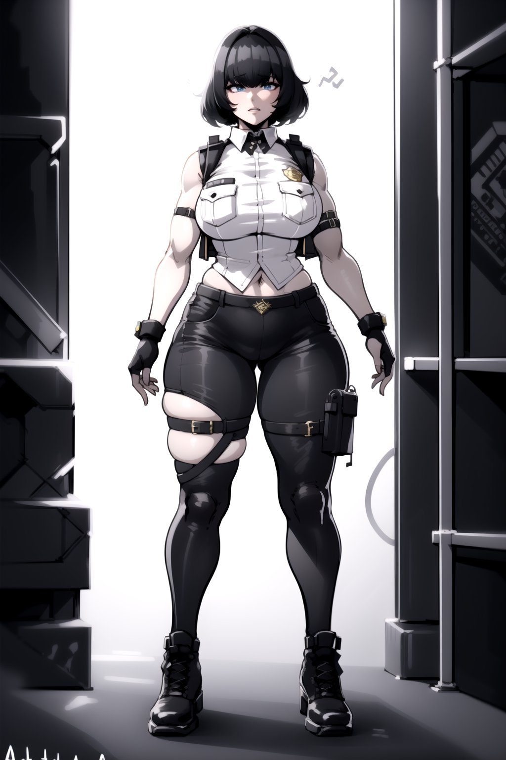 1girl, fullbody, mature female, milf, curvy, large breasts,abs, voloptuous, BREAK (black techwear vest with a white buttoned shirt, black pants with buckle and tape), (police badge), tall, full body shot, cyberpunk style,standing, symmetrical breasts, fingerless gloves, combat boots,1 girl