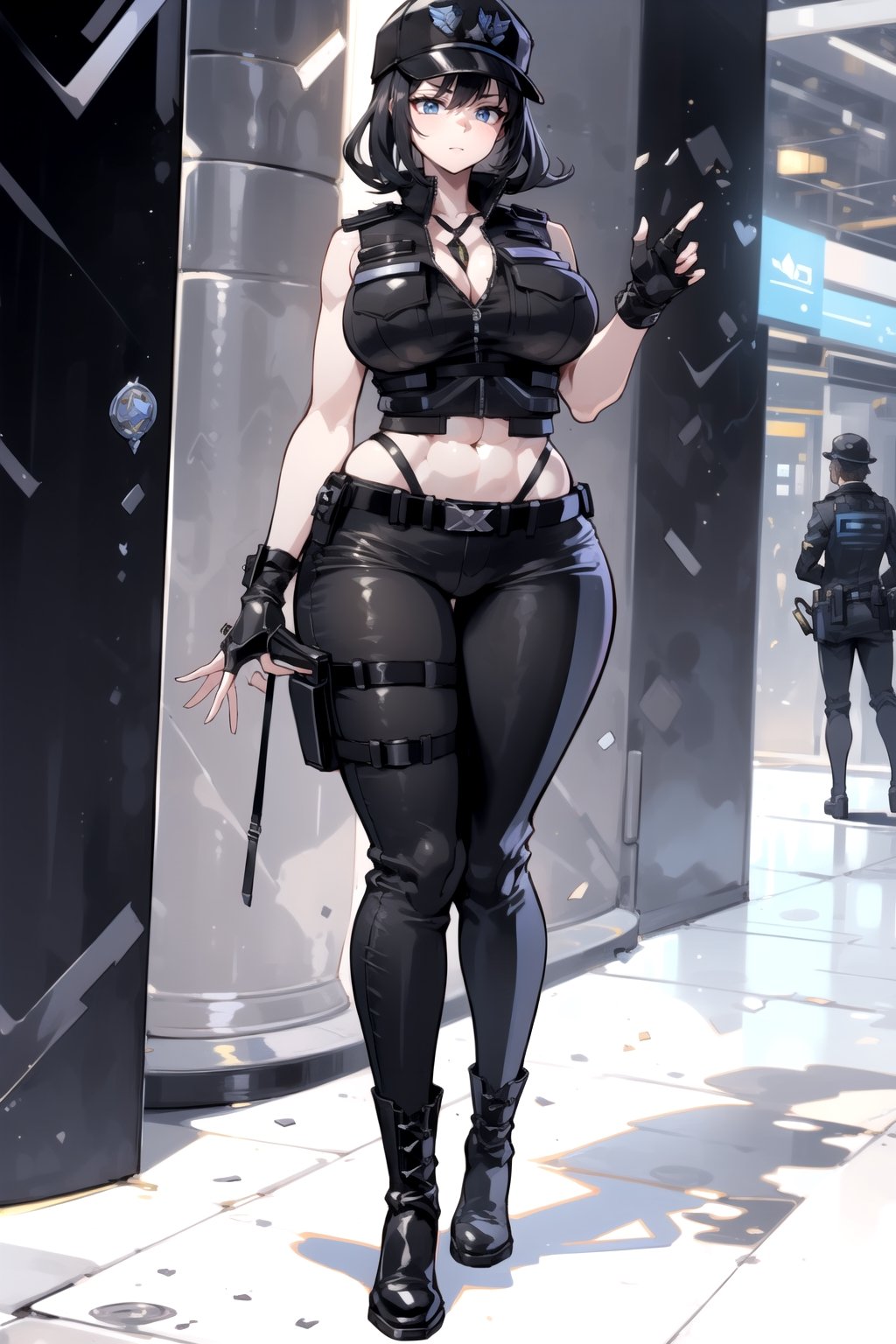 1girl, fullbody, mature female, milf, curvy, large breasts,abs, voloptuous, BREAK (black techwear vest with a white buttoned shirt, black pants with buckle and tape), (police badge), tall, full body shot, cyberpunk style,standing, symmetrical breasts, fingerless gloves, combat boots,1 girl