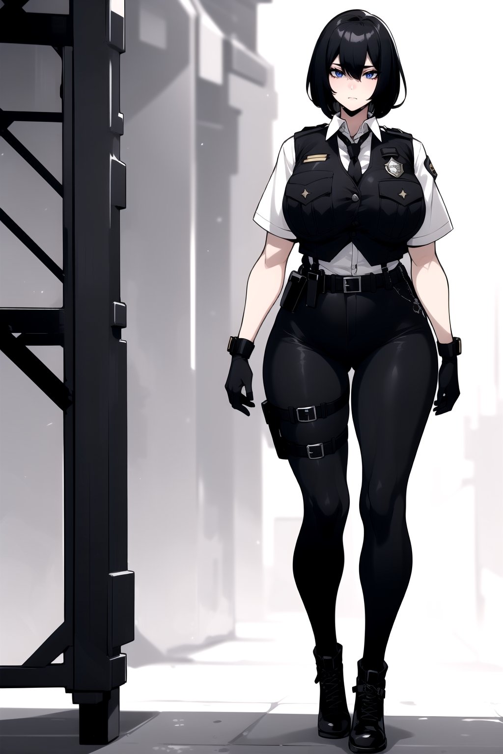 1girl, fullbody, mature female, milf, curvy, large breasts,abs, voloptuous, BREAK (black techwear vest with a white buttoned shirt, black pants with buckle and tape), (police badge), tall, full body shot, cyberpunk style,standing, symmetrical breasts, fingerless gloves, combat boots,JMG,1 girl