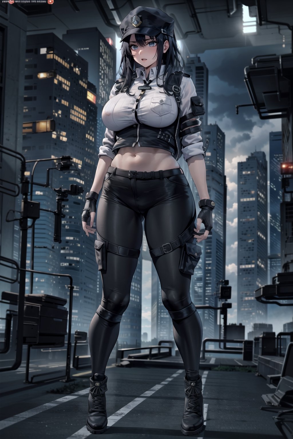 1girl, fullbody, mature female, milf, curvy, large breasts,abs, voloptuous, BREAK (black techwear vest with a white buttoned shirt, black pants with buckle and tape), (police badge), tall, full body shot, cyberpunk style,standing, symmetrical breasts, fingerless gloves, combat boots,1 girl