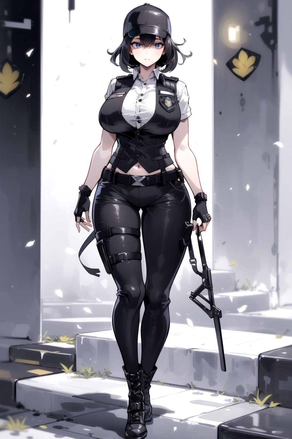 1girl, fullbody, mature female, milf, curvy, large breasts,abs, voloptuous, BREAK (black techwear vest with a white buttoned shirt, black pants with buckle and tape), (police badge), tall, full body shot, cyberpunk style,standing, symmetrical breasts, fingerless gloves, combat boots,1 girl