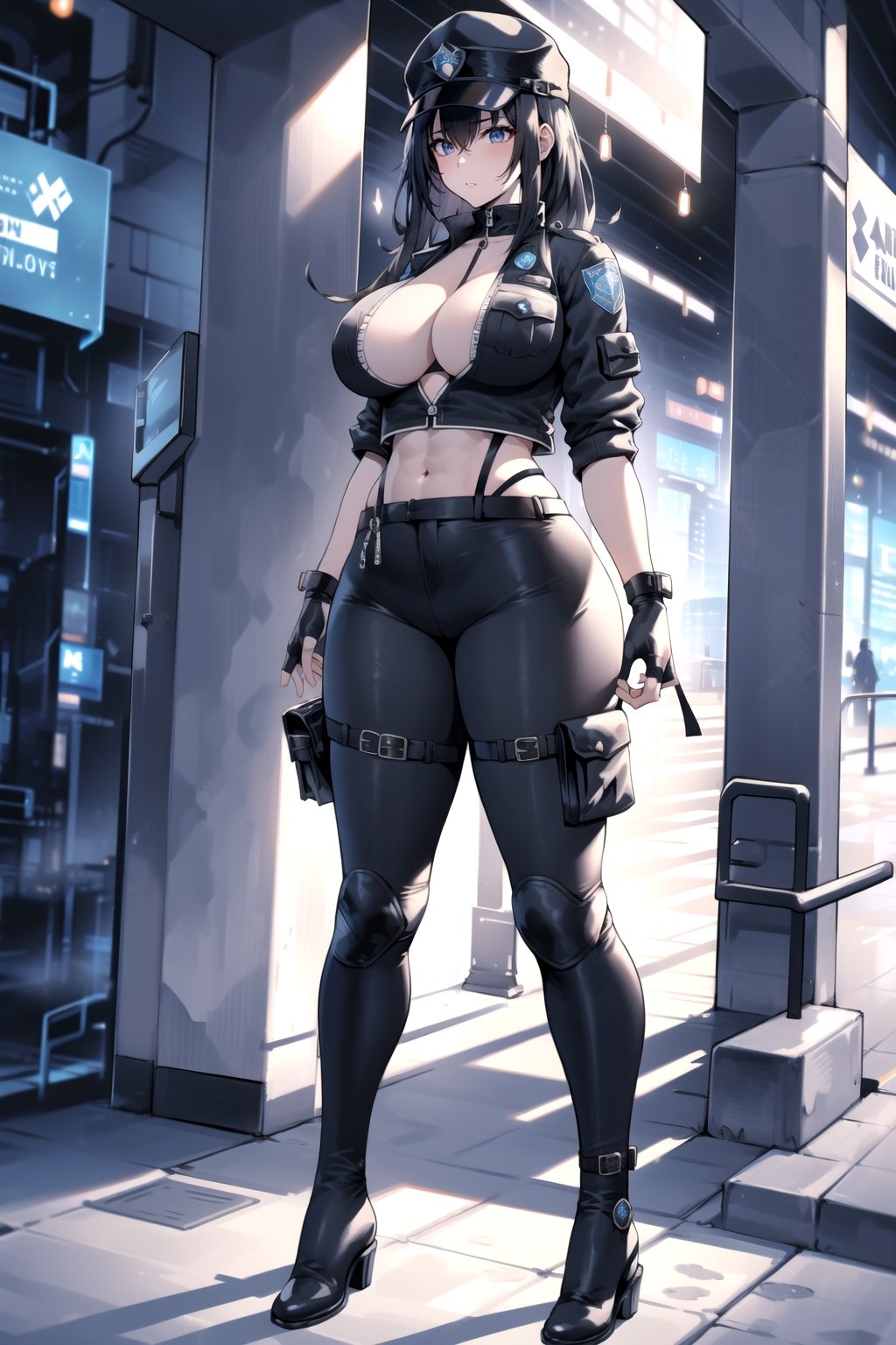 1girl, fullbody, mature female, milf, curvy, large breasts,abs, voloptuous, BREAK (black techwear vest with a white buttoned shirt, black pants with buckle and tape), (police badge), tall, full body shot, cyberpunk style,standing, symmetrical breasts, fingerless gloves, combat boots,1 girl