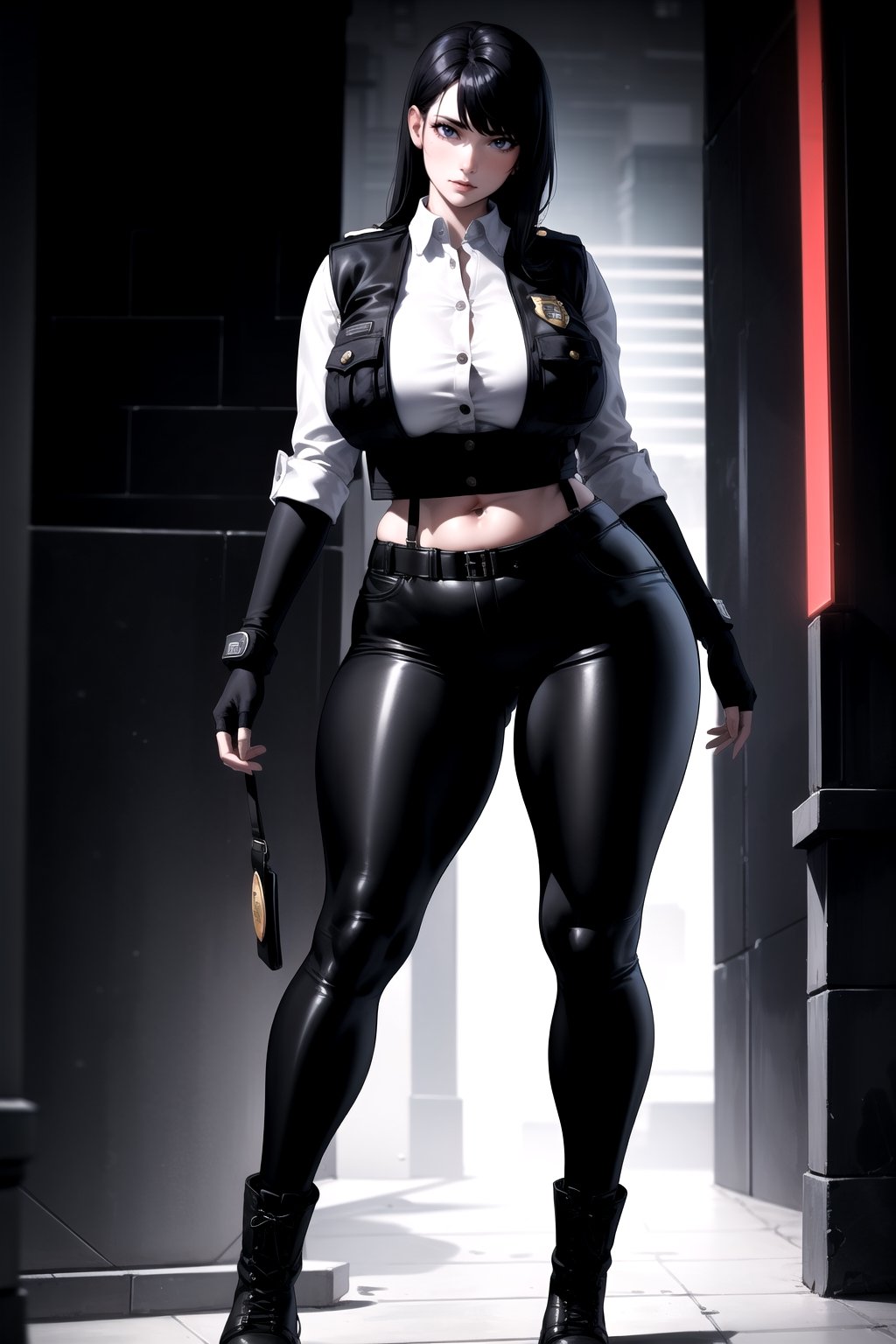 1girl, fullbody, mature female, milf, curvy, large breasts,abs, voloptuous, BREAK (black techwear vest with a white buttoned shirt, black pants with buckle and tape), (police badge), tall, full body shot, cyberpunk style,standing, symmetrical breasts, fingerless gloves, combat boots,Dandonfuga, realistic, glossy