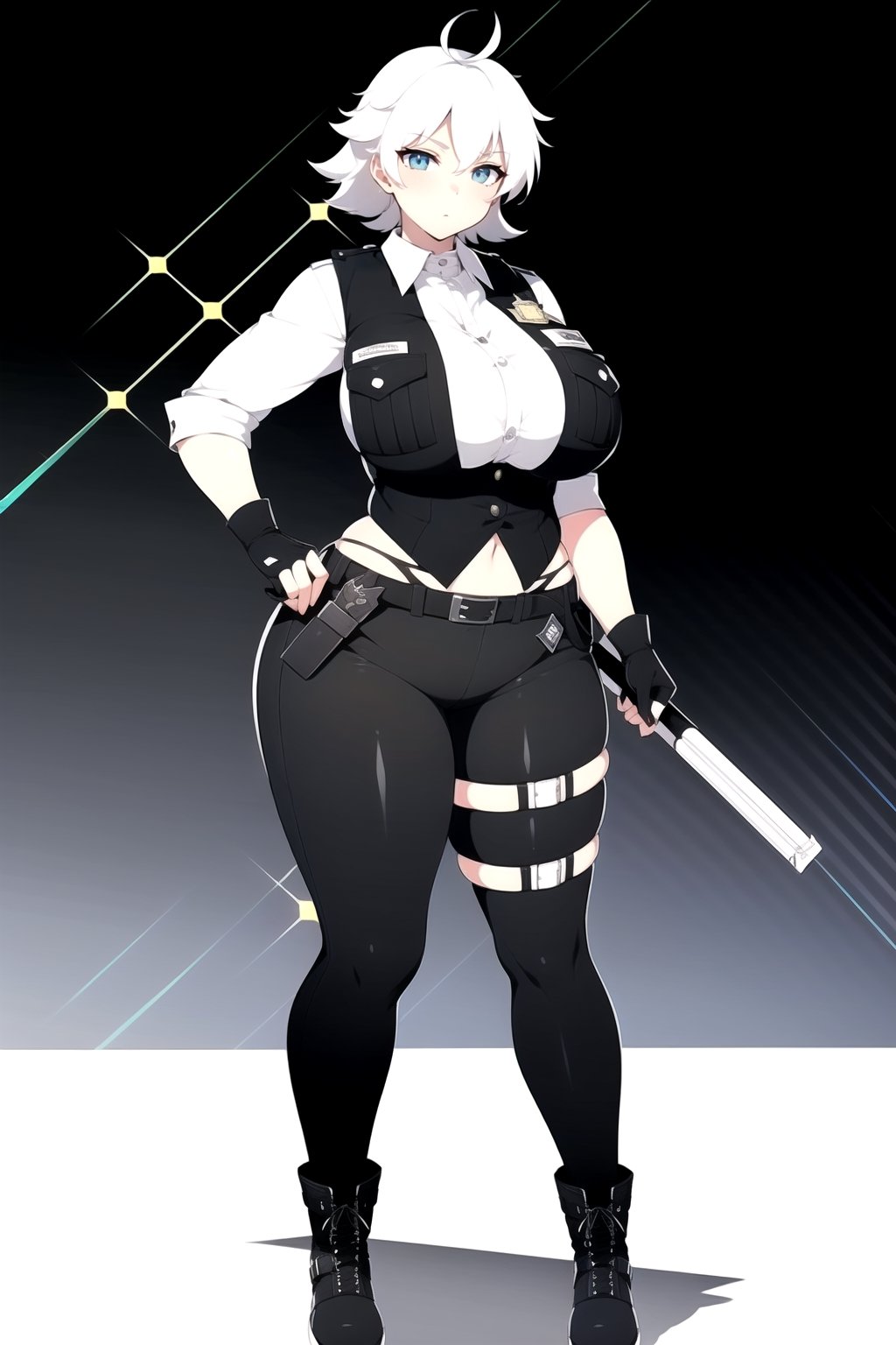 1girl, fullbody, mature female, milf, curvy, large breasts,abs, voloptuous, BREAK (black techwear vest with a white buttoned shirt, black pants with buckle and tape), (police badge), tall, full body shot, cyberpunk style,standing, symmetrical breasts, fingerless gloves, combat boots,Senran Kagura Style