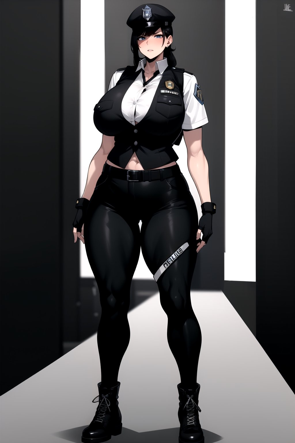 1girl, fullbody, mature female, milf, curvy, large breasts,abs, voloptuous, BREAK (black techwear vest with a white buttoned shirt, black pants with buckle and tape), (police badge), tall, full body shot, cyberpunk style,standing, symmetrical breasts, fingerless gloves, combat boots,JMG