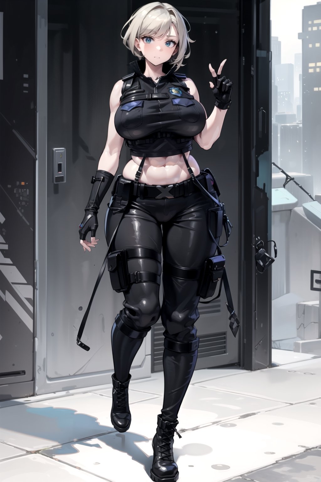 1girl, fullbody, mature female, milf, curvy, large breasts,abs, voloptuous, BREAK (black techwear vest with a white buttoned shirt, black pants with buckle and tape), (police badge), tall, full body shot, cyberpunk style,standing, symmetrical breasts, fingerless gloves, combat boots,