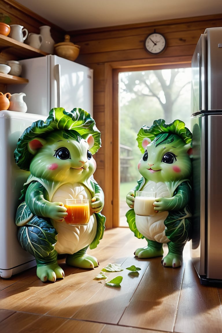 (a refrigerator door open)(fluffy, magical creatures )
Fantasy artwork with the refrigerator door open, its contents in disarray. Inside, two fluffy, magical creatures are present. One, wrapped in a cabbage leaf, looks at the viewer while shivering; the other stands next to a milk jug, making faces at its reflection in the glass.   The scene captures the whimsical and fantastical nature of this miniature world, with detailed and realistic depictions of the food items.,kawaii tech, crafted ceramic.,DonMG30T00nXL