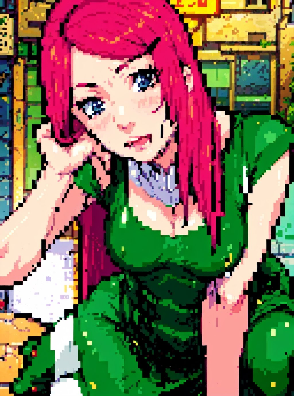 masterpiece, best quality, high_res, 1girl, kushina, hairpin, long hair, green_dress, full_body, looking_at_viewer, medium_breasts,uzumaki_kushina,downblouse,3D MODEL,Detailedface, cleavage, naughty_face,Pixel art