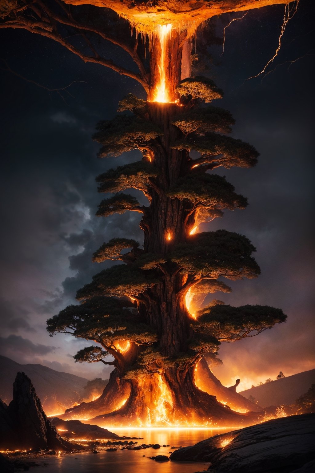 hyper realistic Tree of Doom,  Lava spilling through the tree down to the ground in a winding pattern but the tree lives o...