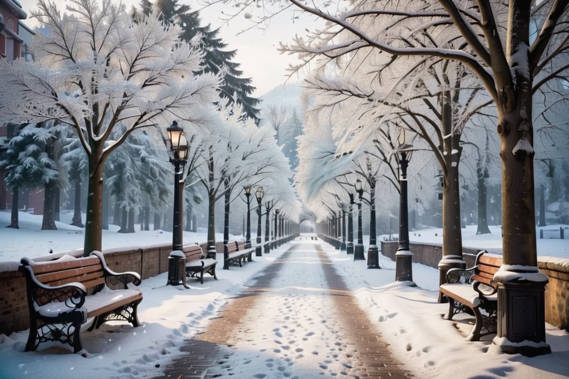 A photograph,  a man and a woman walking side by side, facing forward, wearing warm winter clothes, (detailed realistic outdoor backdrop of a wide walkway:1.5), (Masterpiece, Best quality, 32k, UHD:1.5), (sharp focus, high contrast, HDR, ray tracing, hyper-detailed, intricate details, ultra-realistic, award-winning photo:1.4), Exquisite details and textures, colorful, a view looking along a brick walkway, lined along (one side with large closely spaced maple trees:1.5), (park benches facing the walkway between the tree trunks:1.5), tree branches form a thick canopy over the walkway, trees have dropped their leaves, barren branches, a (black, ornate, Victorian style decorative metal handrail lines the walkway opposite the trees:1.5), the handrail separates the walkway from (one slow moving river, detailed:1.5) , (handrail along one side of the walkway), the river flows parallel to the walkway, the river and walkway are parallel with each other, urban setting, (brick buildings in the distance:1.3), best quality, masterpiece, beautiful and aesthetic,  high contrast, bokeh:1.2, lens flare, (muted color:1.4), dim colors, wide shot ultra realistic illustration, winter, fog in the air, cold, ((heavy snow on the ground, snow in the tree branches:1.6)), (ice on the surface of the river:1.6), midafternoon, photorealistic, Extremely Realistic, WINTER