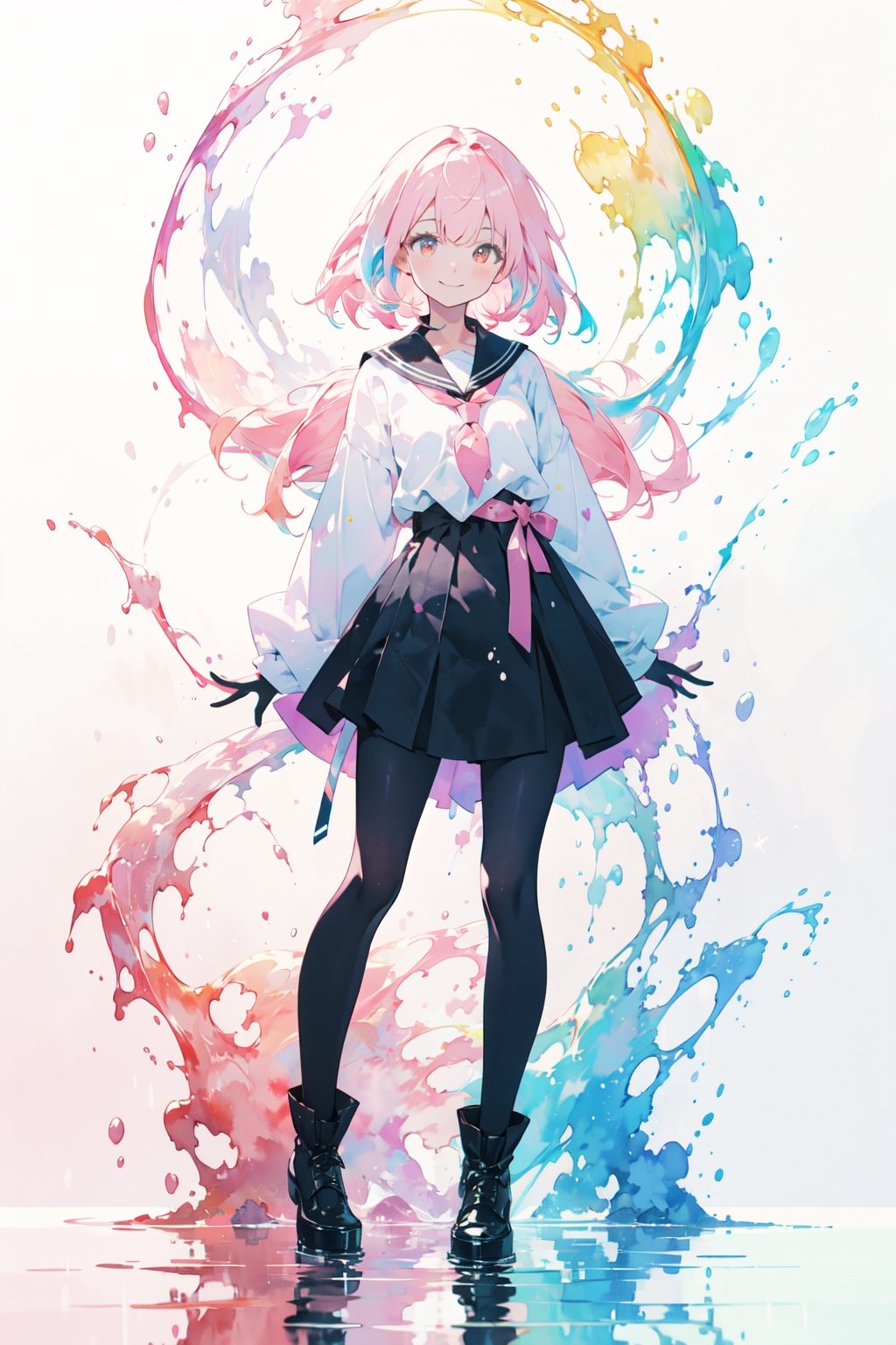 white background, (multicolored background, ink, colorful:1.2), straight-on, 1girl, solo, cute face, light pink hair, floating hair, timid smile, closed mouth, standing, arms behind back, (splashing), watercolor,masterpiece,best quality:1.2