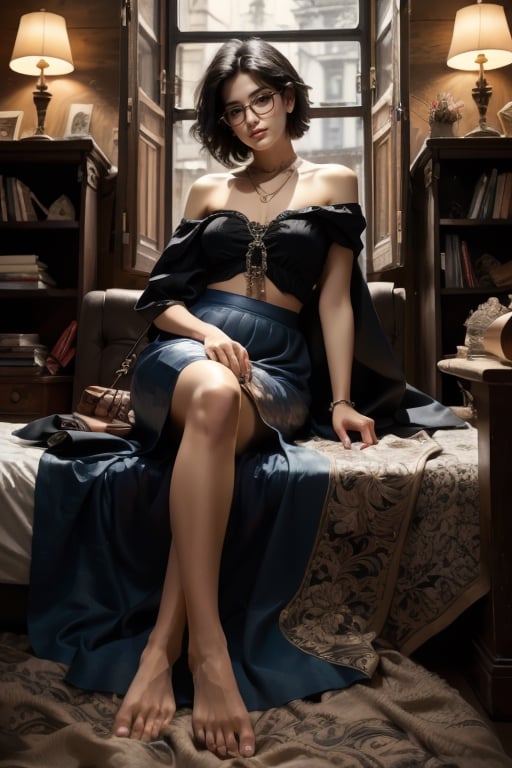 In the high-resolution photo, a slender 25-year-old girl with pretty short dark blue hair and bare shoulders is elegantly wearing a dark black skirt and glasses, with her legs and feet exposed, sitting on the bed and reading, with various items beside the bed. kind of books