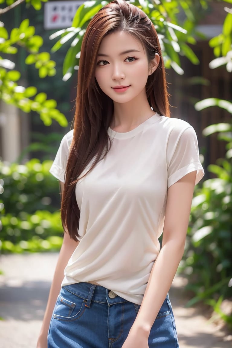 A young woman with long, chestnut-brown locks and warm, earthy eyes, dressed in comfortable jeans and a crisp white T-shirt, holds a camera as she explores the majestic halls of the Chinese palace. Soft light filters through intricately carved wooden latticework, casting dappled shadows on her face. The ancient architecture's serene beauty is reflected in her gentle smile.