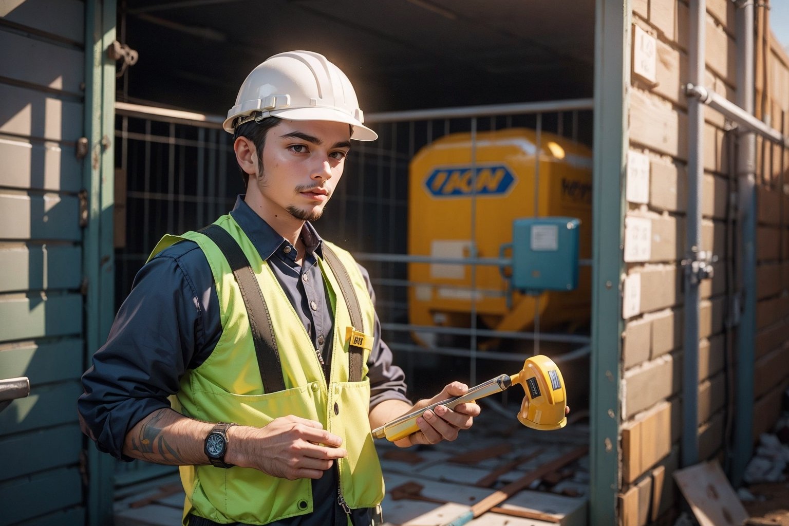 -construction worker wearing safety helmet and chin strap,Prison
-wearing reflective vest