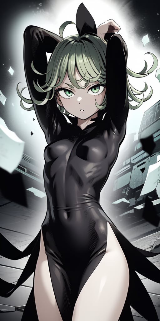 masterpiece, best quality, 1 girl, tatsumaki, green hair, green eyes, iom, 1 girl, alone, looking at viewer, short hair, long sleeves, dress, cowboy photo, small breasts, one arm up, hands behind head, covered navel, floating hair, side slit, floating, curly hair, telekinesis
