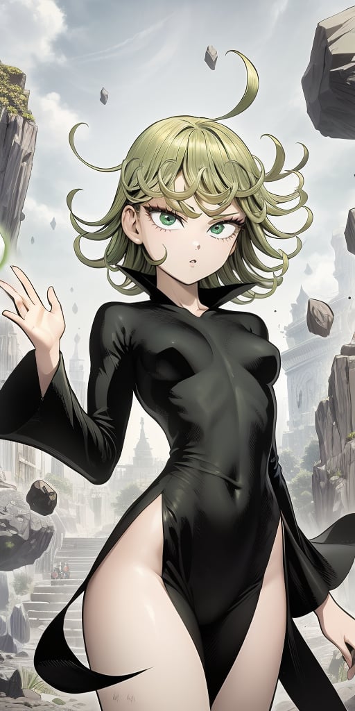 masterpiece, best quality, 1 girl, tatsumaki, green hair, green eyes, iom, 1 girl, alone, looking at viewer, short hair, long sleeves, dress, cowboy photo, small breasts, covered navel, floating hair, side slit, floating, curly hair, telekinesis, more curvy, levited stones, power, random_pose,green aura
