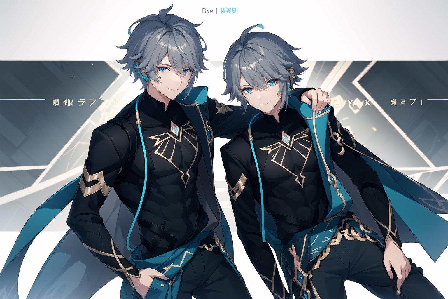 Trigger words: gray short hair,bangs, blue eyes, hair between eyes,wear gray shirt with black jaket,long pants , smile ,alhaitham(genshin impact)