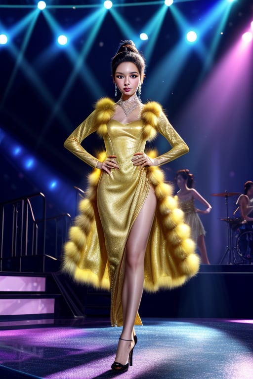 Create a beautiful realistic portrait of a 26-year-old Thai woman. Her hair is styled in a simple ponytail, reflecting her elegance. She wears a shiny golden long dress that glows under the stage lights. The dress is adorned with luxurious bright yellow mink fur, adding to her elegance. She stands confidently on the stage. She wears trendy black high heels that elongate her figure. Around her neck and ears are fashionable square jewelry that sparkle, catching the eyes of the audience. The background has bright stage lights in blue and purple, creating a fascinating atmosphere. Behind her, bright blue neon stars provide interesting lighting. She holds a microphone and sings live in a concert, immersed in the performance, showing both elegance and talent. This scene captures the excitement and vibrancy of a live music event.
