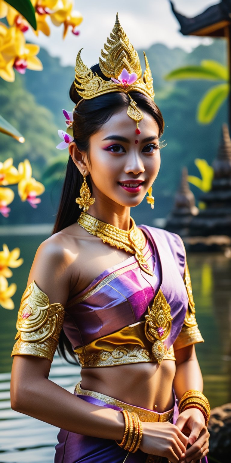 A wide-angle picture, a picture of a young woman with a beautiful, sweet, gentle face wearing a Thai Sabai Sivalai dress, light purple with sparkling gold and a large, golden-hued Nagarajan.  Sparkling diamond eyes  Standing and dancing on a rock with the clearest, most beautiful water, beautifully decorated with armor. In the background there is a forest of orchids, a bright sky, and a beautiful Naga king with a tail that is as beautiful as real life, delicate, wide perspective, oil painting.  3d, realistic, detailed work, sharp images, bright colors, masterpiece, symmetry, ultra-vivid, uhd 4k 300dpi, very realistic.