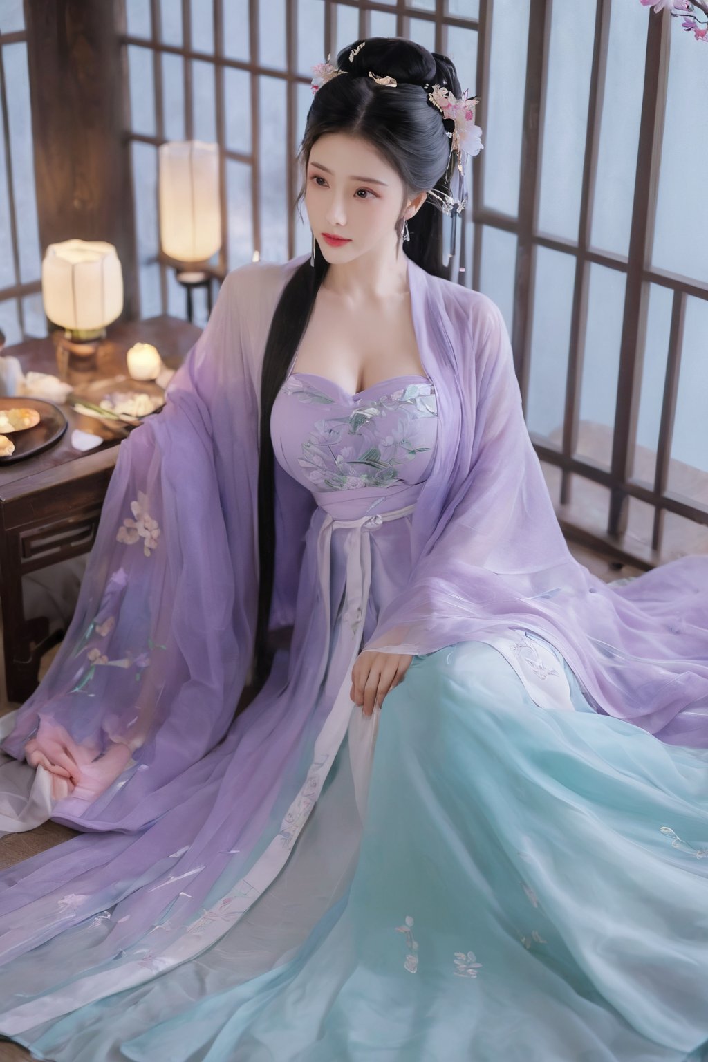 (masterpiece, best quality:1.2),1girl, solo, long hair, black hair,(huge breasts:1.89),Hairpins,necklace, hair ornament, dress, full body, flower, earrings, indoors, hair bun, (purple-green-blue dress:1.29),(Tube top Hanfu long skirt:1.1), pillow, bed, night, chinese clothes, table, branch,daxiushan, ,daxiushan style,(huge breasts:2.59), (full breasts:2.34), realistic,hanfu, daxiushan,Shoulders are exposed, , daxiushan, arien_hanfu,,More Reasonable Details,Xyunluo,Xningyudie