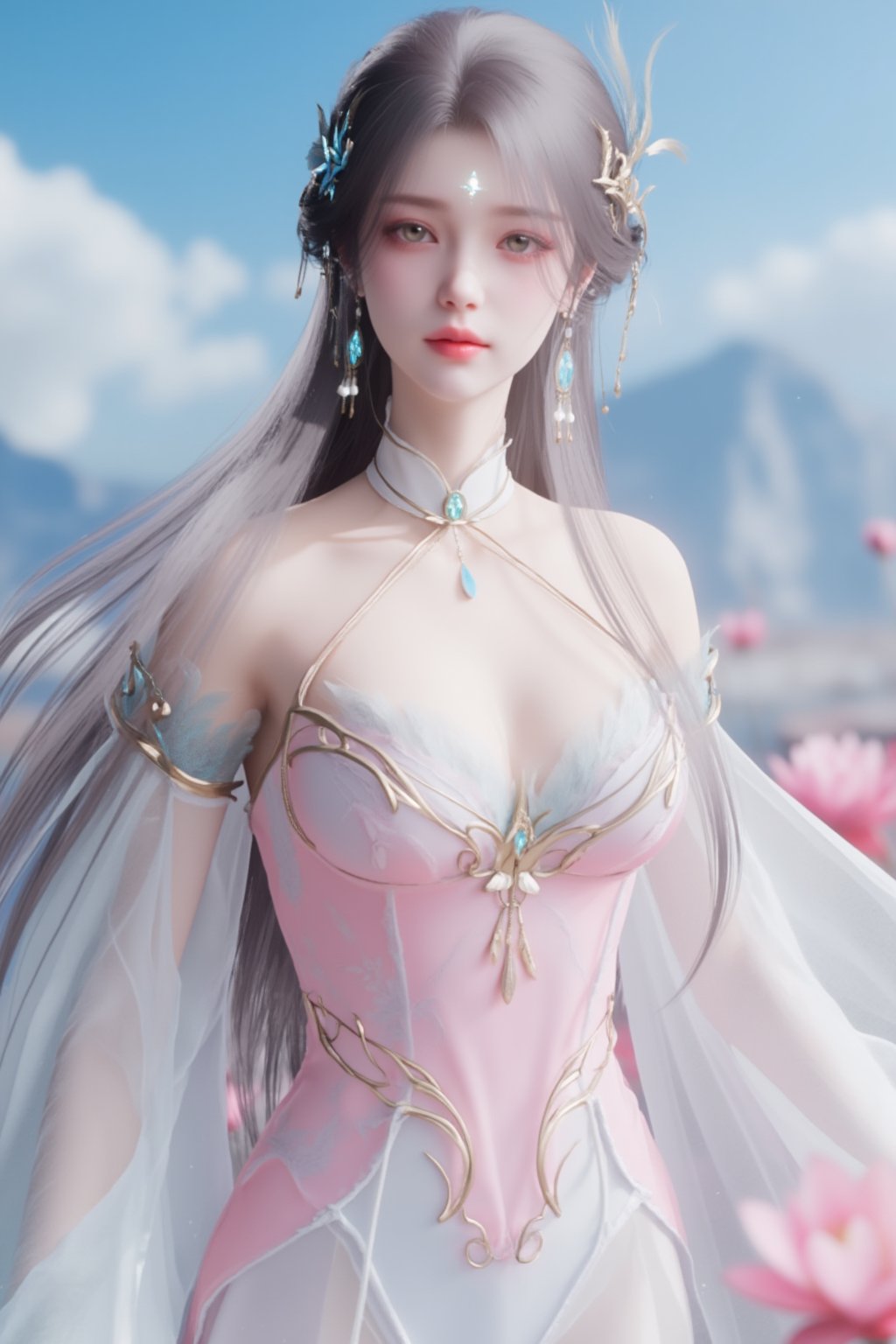  (masterpiece, best quality:1.2),1girl, navel, solo, midriff, bare shoulders, hair ornament, flower, hair flower,, long hair, red lips,
BREAK, (looking at viewer:1.23),(light pink-white color:1.29), (Gradient seven colors rainbow dress:1.39), 
BREAK,blurry, solo focus, long hair, lips, day, lipstick, outdoors, upper body, blurry,(huge breasts:1.39),Xyunxiao,(snow,Peony:1.52),(Lotus pond, lotus:1.32), (blue sky:1.23),Xhaiqinyan,XxiaoxunerX,Xhuolinger