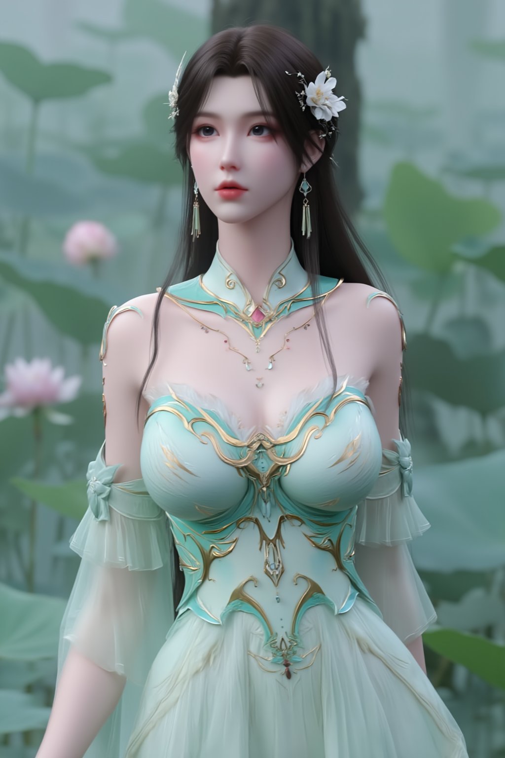  (masterpiece, best quality:1.2),1girl, navel, solo, midriff, bare shoulders, hair ornament, flower, hair flower,, long hair, red lips,
BREAK, (looking at viewer:1.23),(translucent light green-white color dress:1.39),(Topless:1.59),
BREAK,blurry, solo focus, long hair, lips, day, lipstick, outdoors, upper body, blurry,(huge breasts:1.89),(full breasts:2.39),Xyunxiao,(snow,Peony:1.52),(Lotus pond, lotus:1.56),XxiaoxunerX,Xhuolinger,(Topless:2), (sexy,nsfw:2),