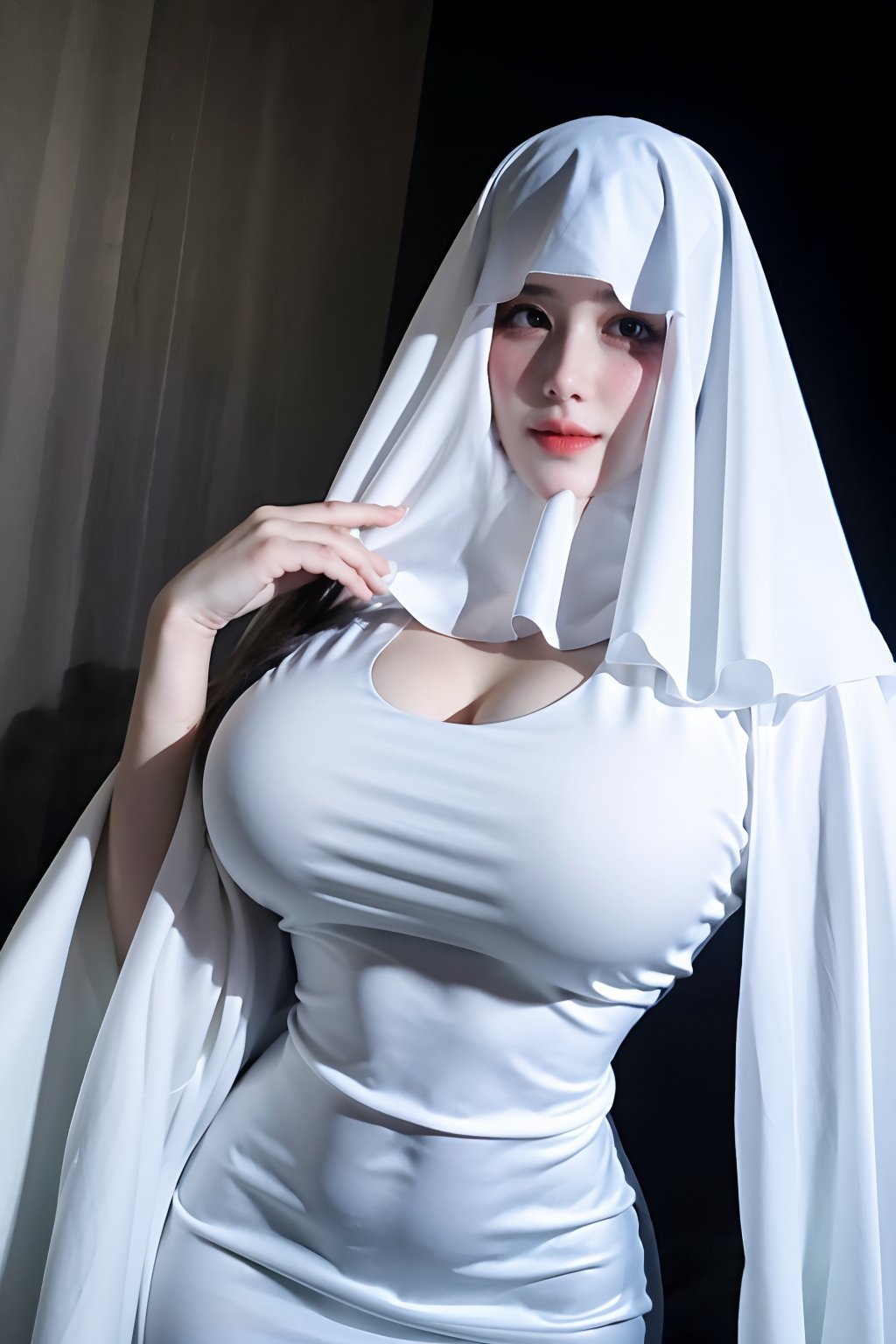  (masterpiece, best quality:1.2),2girl, nkiller,holographic white dress,white tight-fitting dress,black or dark green oval eyes on the hood,ghost,ghost costume,large white ghost cape,white cape covering the entire body,(huge breasts:1.48),Xyunxiao,