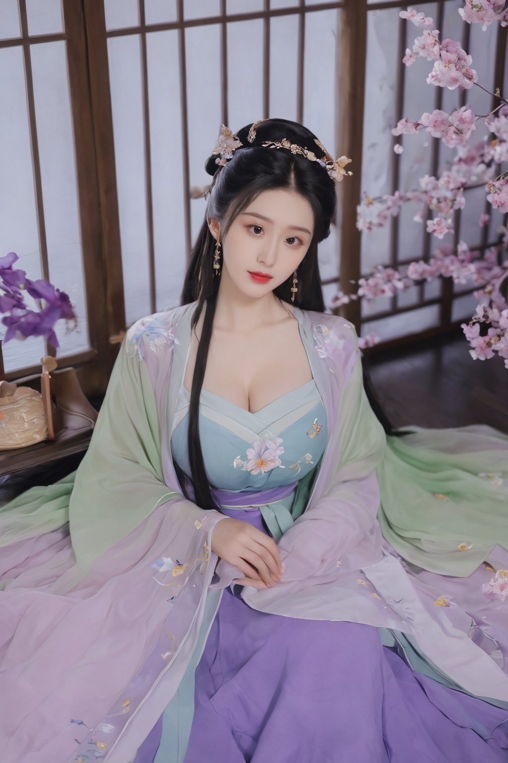 (masterpiece, best quality:1.2),1girl, solo, long hair, black hair,(huge breasts:1.89),Hairpins,necklace, hair ornament, dress, full body, flower, earrings, indoors, hair bun, (purple-green-blue dress:1.29),(Tube top Hanfu long skirt:1.1), pillow, bed, night, chinese clothes, table, branch,daxiushan, ,daxiushan style,(huge breasts:2.59), (full breasts:2.34), realistic,hanfu, daxiushan,Shoulders are exposed, , daxiushan, arien_hanfu,,More Reasonable Details,Xyunluo,Xningyudie