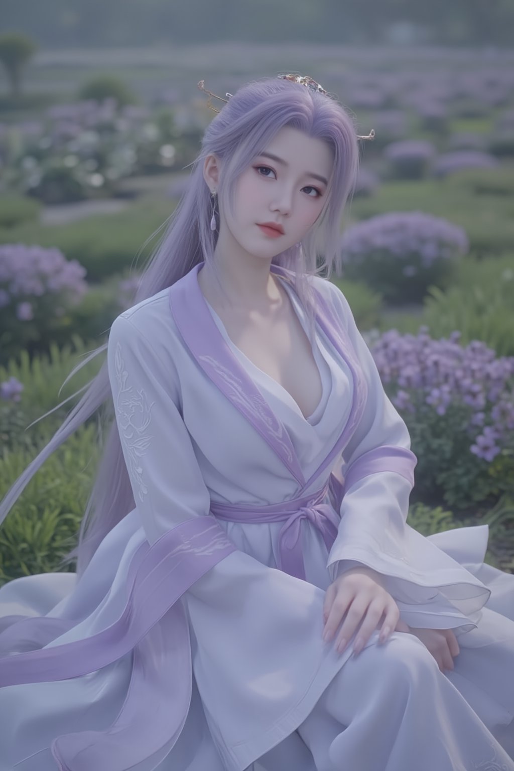 1 girl, (photorealistic:1.2), KOLNB, hanfu, light purple and white dominant, muted color, sit on the field of green grass and Purple lavender fields, view from above, the girl looking up,Xyunxiao,(big breasts:1.79),wonder beauty