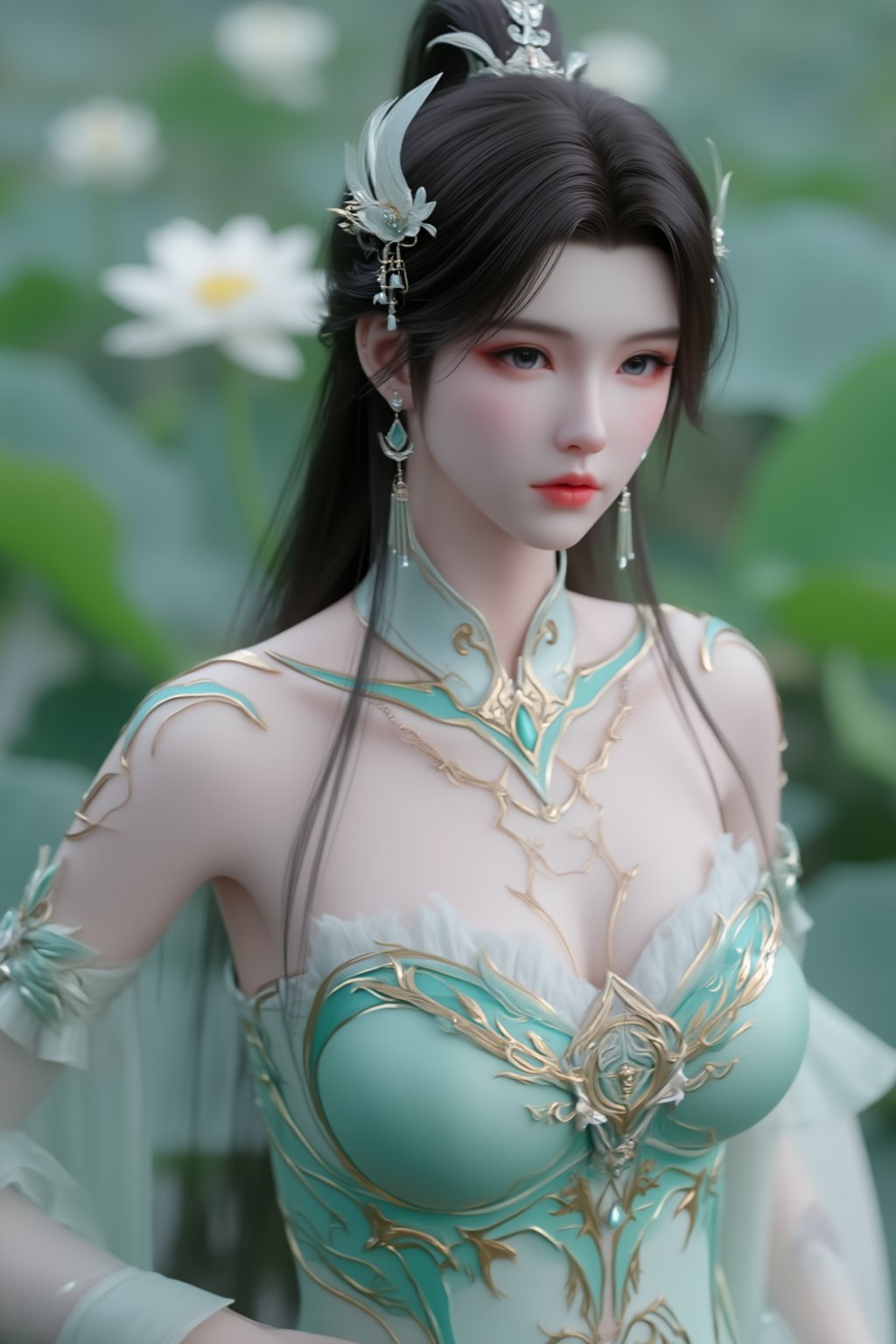  (masterpiece, best quality:1.2),1girl, navel, solo, (Topless:2), (sexy,nsfw:2),, bare shoulders, hair ornament, flower, hair flower,, long hair, red lips,
BREAK, (looking at viewer:1.23),(translucent light green-white color dress:1.39),(Topless:1.59),
BREAK,blurry, solo focus, long hair, lips, day, lipstick, outdoors, upper body, blurry,(huge breasts:1.89),(full breasts:2.39),Xyunxiao,(snow,Peony:1.52),(Lotus pond, lotus:1.56),XxiaoxunerX,Xhuolinger,(Topless:2.3), (nude,sexy,nsfw:2),