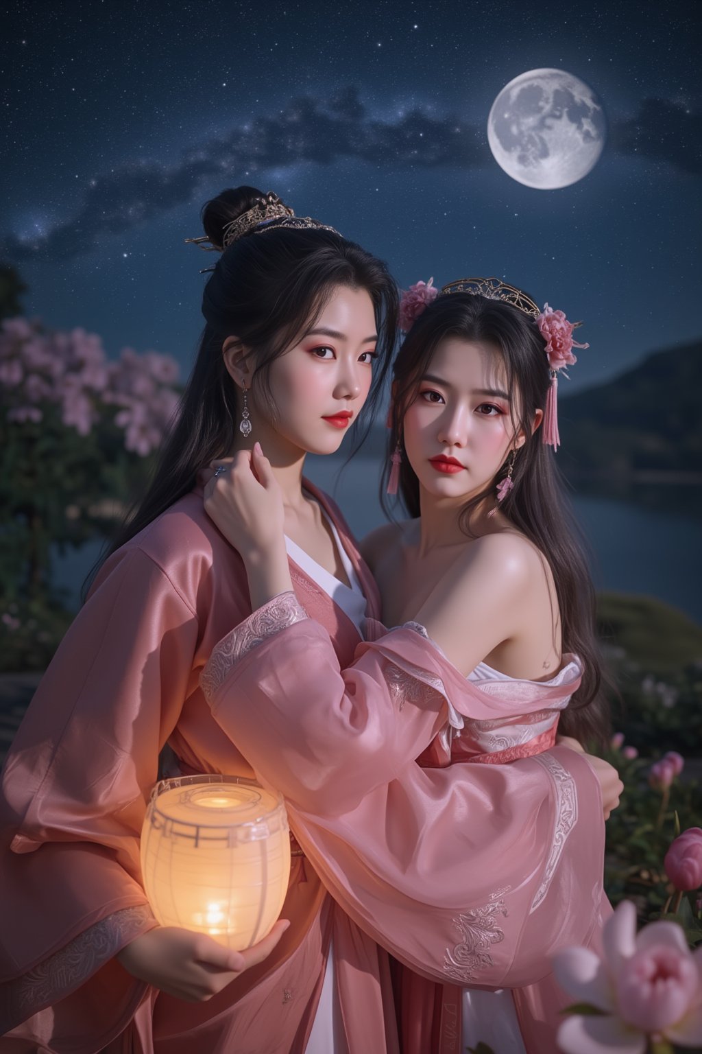  (masterpiece, best quality:1.2),2_girls, navel, solo, midriff, bare shoulders, lantern, hair ornament, flower, hair flower, paper lantern, black hair, red lips,
BREAK, looking at viewer, chinese clothes,(pink color:1.29), (hanfu dress:1.39), 
BREAK,black eyes,blurry, solo focus, long hair, lips, night, lipstick, outdoors, upper body, blurry,(huge breasts:1.59), (Starry sky, Milky Way, shooting stars across the night sky:1.23), solo, makeup, hair bun,Xyunxiao,(Peony,full moon:1.52),wonder beauty,Hanfu