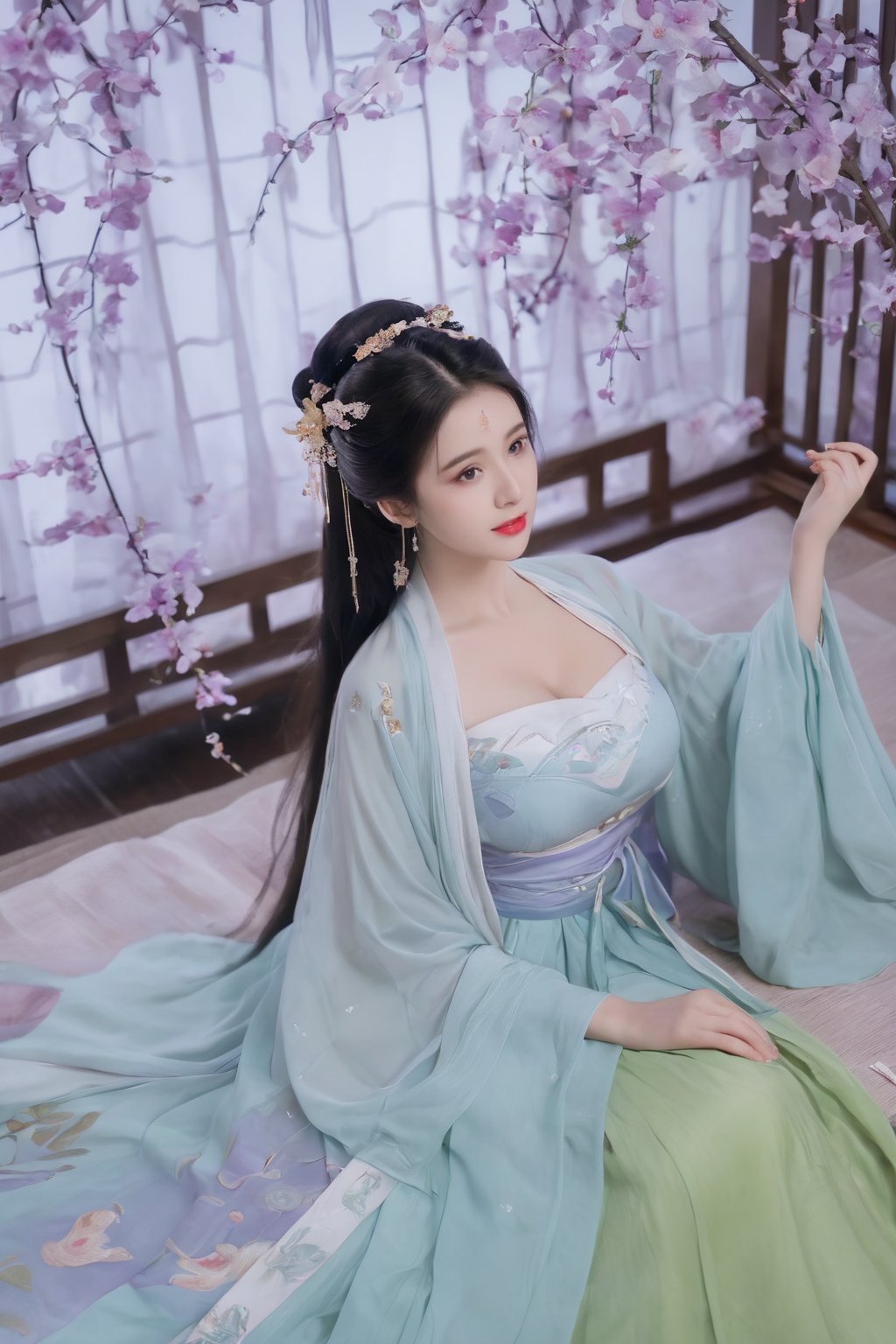 (masterpiece, best quality:1.2),1girl, solo, long hair, black hair,(huge breasts:1.89),Hairpins,necklace, hair ornament, dress, full body, flower, earrings, indoors, hair bun, (purple-green-blue dress:1.29),(Tube top Hanfu long skirt:1.1), pillow, bed, night, chinese clothes, table, branch,daxiushan, ,daxiushan style,(huge breasts:2.59), (full breasts:2.34), realistic,hanfu, daxiushan,Shoulders are exposed, , daxiushan, arien_hanfu,,More Reasonable Details,Xyunluo,Xningyudie