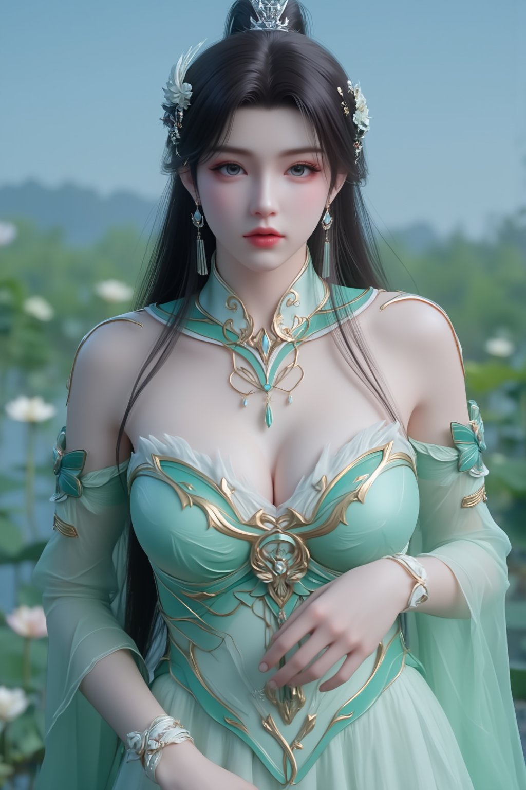  (masterpiece, best quality:1.2),1girl, navel, solo, midriff, bare shoulders, hair ornament, flower, hair flower,, long hair, red lips,
BREAK, (looking at viewer:1.23),(translucent light green-white color dress:1.39),
BREAK,blurry, solo focus, long hair, lips, day, lipstick, outdoors, upper body, blurry,(huge breasts:1.69),Xyunxiao,(snow,Peony:1.52),(Lotus pond, lotus:1.56), (blue sky:1.23),Xhaiqinyan,XxiaoxunerX,Xhuolinger,(cleavage:2), (sexy,nsfw:2),