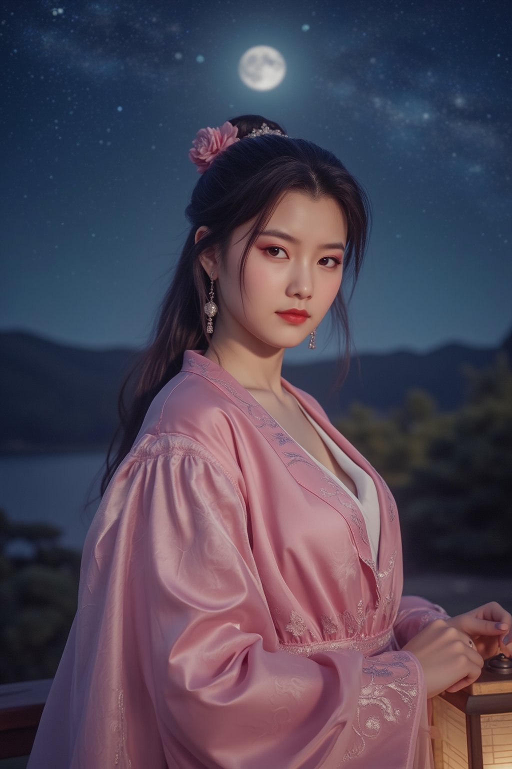  (masterpiece, best quality:1.2),2_girls, navel, solo, midriff, bare shoulders, lantern, hair ornament, flower, hair flower, paper lantern, black hair, red lips,
BREAK, looking at viewer, chinese clothes,(pink color:1.29), (hanfu dress:1.39), 
BREAK,black eyes,blurry, solo focus, long hair, lips, night, lipstick, outdoors, upper body, blurry,(huge breasts:1.59), (Starry sky, Milky Way, shooting stars across the night sky:1.23), solo, makeup, hair bun,Xyunxiao,(Peony,full moon:1.52),wonder beauty,Hanfu