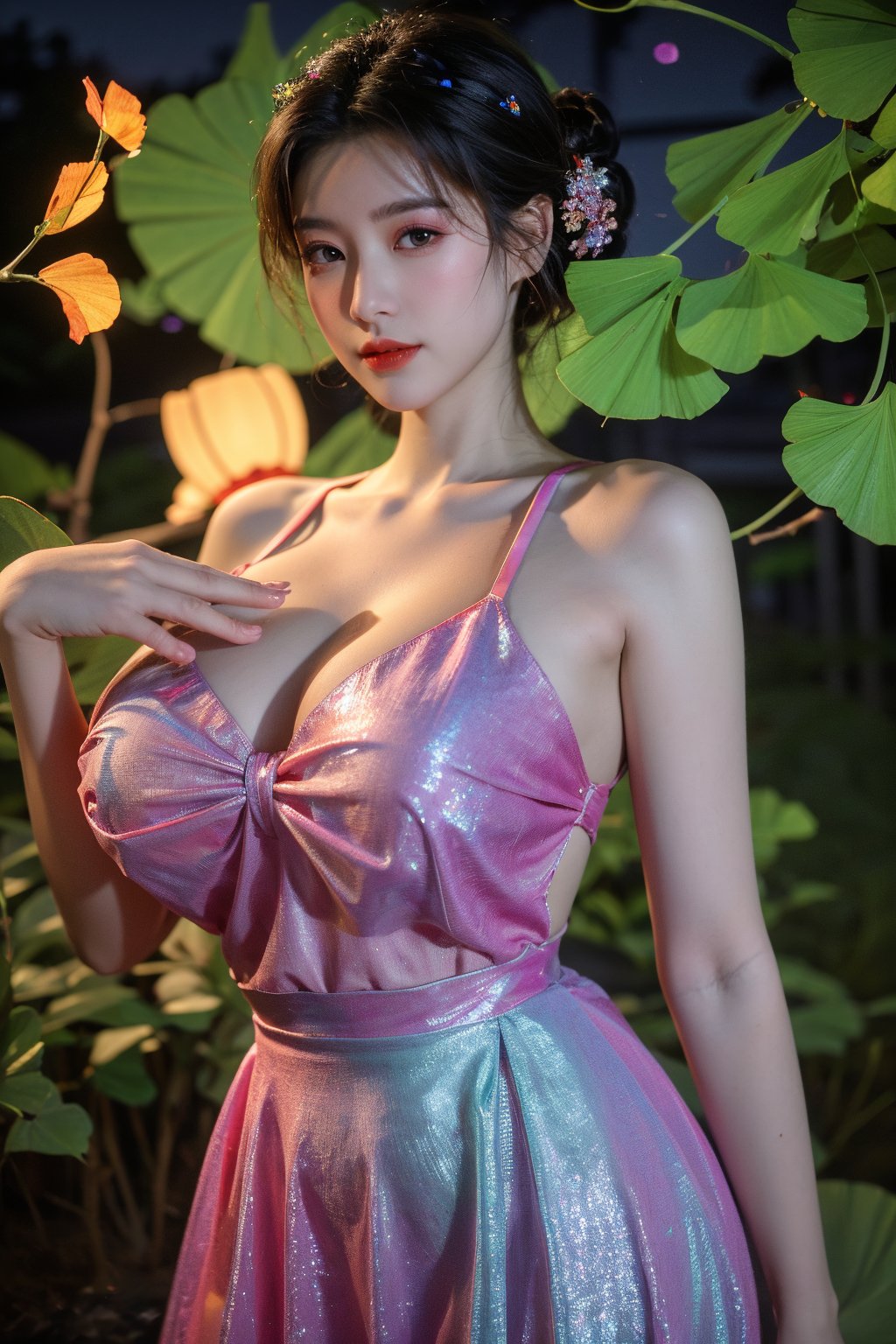  (masterpiece, best quality:1.2),1girl, navel, solo, midriff, bare shoulders, lantern, hair ornament, flower, hair flower, paper lantern, black hair, red lips,
BREAK, looking at viewer, chinese clothes,(Holographic light green|pink color:1.29), (Holographic Gradient seven colors rainbow dress:1.39), 
BREAK,black eyes,blurry, solo focus, long hair, lips, night, lipstick, outdoors, upper body, blurry,(huge breasts:1.5),Xyunxiao,(Peony,full moon:1.23), (Maple tree, ginkgo tree, red maple leaves, golden ginkgo leaves:1.29),