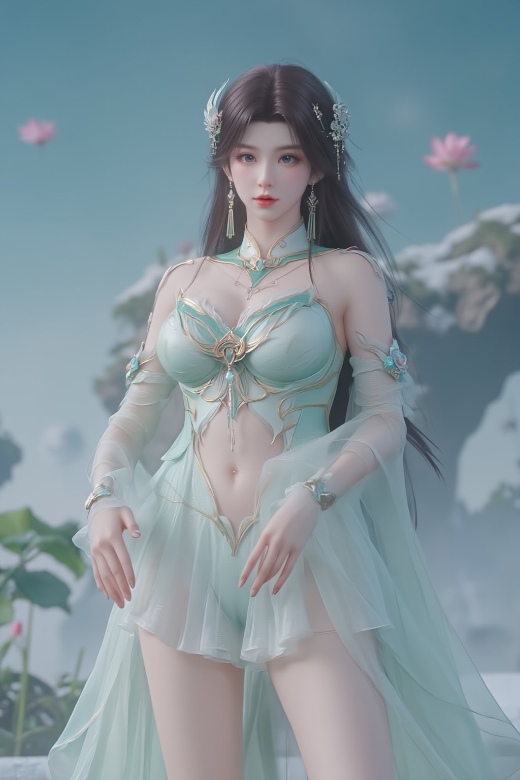  (masterpiece, best quality:1.2),1girl, navel, solo, midriff, bare shoulders, hair ornament, flower, hair flower,, long hair, red lips,
BREAK, (looking at viewer:1.23),(translucent light green-white color dress:1.39),
BREAK,blurry, solo focus, long hair, lips, day, lipstick, outdoors, upper body, blurry,(huge breasts:1.89),(full breasts:1.89),Xyunxiao,(snow,Peony:1.52),(Lotus pond, lotus:1.56), (blue sky:1.23),Xhaiqinyan,XxiaoxunerX,Xhuolinger,(cleavage:2), (sexy,nsfw:2),