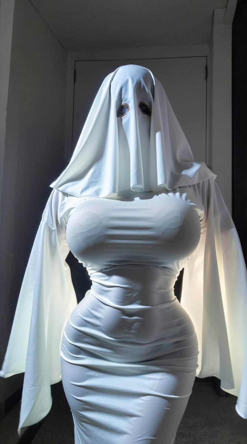  (masterpiece, best quality:1.2),1girl,light green dress,light green tight-fitting dress,ghost,ghost costume,large white ghost cape,white cape covering the entire body,(huge breasts:1.49),Xyunxiao,Xmeidusha,The background is a street intersection.