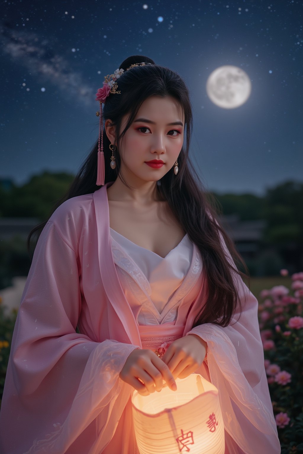  (masterpiece, best quality:1.2),2_girls, navel, solo, midriff, bare shoulders, lantern, hair ornament, flower, hair flower, paper lantern, black hair, red lips,
BREAK, looking at viewer, chinese clothes,(pink color:1.29), (hanfu dress:1.39), 
BREAK,black eyes,blurry, solo focus, long hair, lips, night, lipstick, outdoors, upper body, blurry,(huge breasts:1.59), (Starry sky, Milky Way, shooting stars across the night sky:1.23), solo, makeup, hair bun,Xyunxiao,(Peony,full moon:1.52),wonder beauty,Hanfu