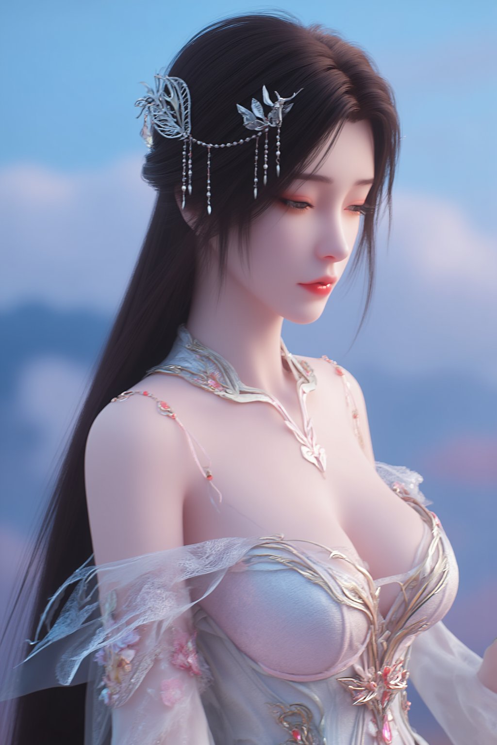  (masterpiece, best quality:1.2),1girl, navel, solo, midriff, bare shoulders, hair ornament, flower, hair flower,, long hair, red lips,
BREAK, (looking at viewer:1.23),(Holographic light pink-blue color:1.29), (Holographic Gradient seven colors rainbow dress:1.39), 
BREAK,blurry, solo focus, long hair, lips, day, lipstick, outdoors, upper body, blurry,(huge breasts:1.39),Xyunxiao,(snow,Peony:1.52),(Lotus pond, lotus:1.32), (blue sky:1.23),Xhaiqinyan,XxiaoxunerX,Xhuolinger