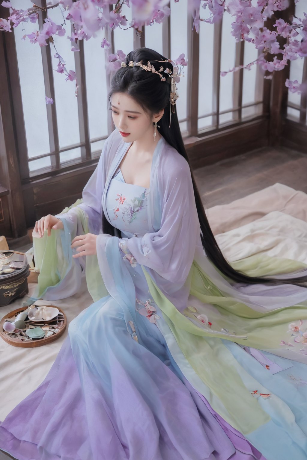 (masterpiece, best quality:1.2),1girl, solo, long hair, black hair,(huge breasts:1.89),Hairpins,necklace, hair ornament, dress, full body, flower, earrings, indoors, hair bun, (purple-green-blue dress:1.29),(Tube top Hanfu long skirt:1.1), pillow, bed, night, chinese clothes, table, branch,daxiushan, ,daxiushan style,(huge breasts:2.59), (full breasts:2.34), realistic,hanfu, daxiushan,Shoulders are exposed, , daxiushan, arien_hanfu,,More Reasonable Details,Xyunluo,Xningyudie