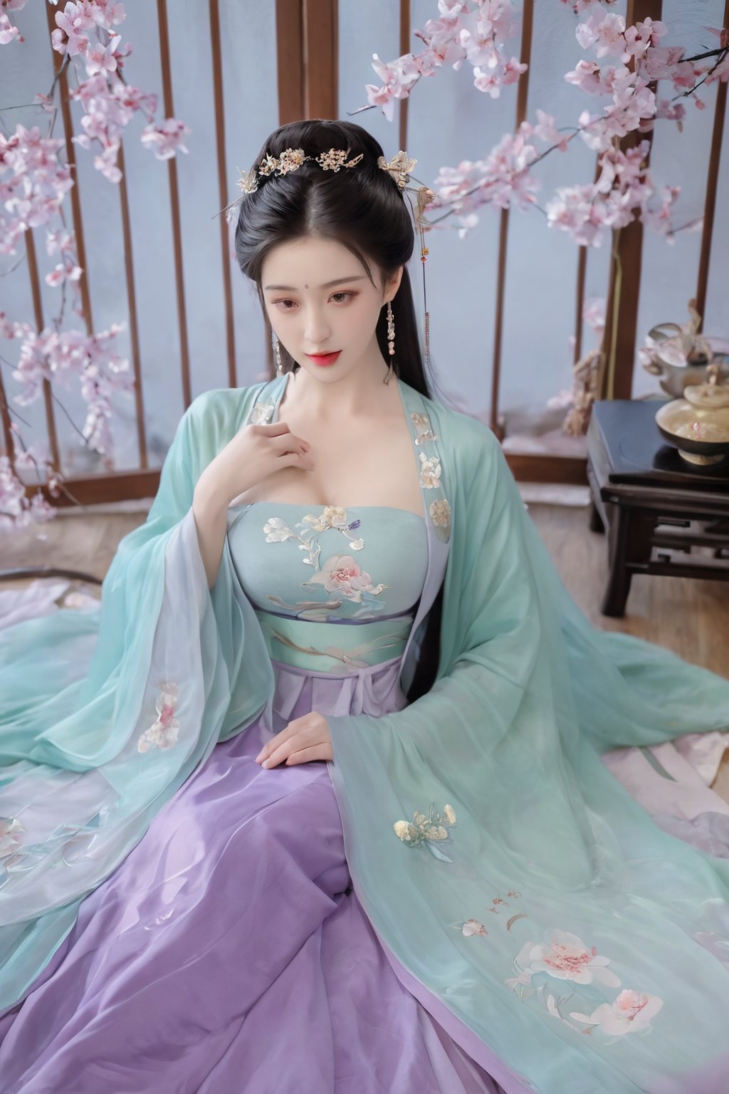 (masterpiece, best quality:1.2),1girl, solo, long hair, black hair,(huge breasts:1.89),Hairpins,necklace, hair ornament, dress, full body, flower, earrings, indoors, hair bun, (purple-green-blue dress:1.29),(Tube top Hanfu long skirt:1.1), pillow, bed, night, chinese clothes, table, branch,daxiushan, ,daxiushan style,(huge breasts:2.59), (full breasts:2.34), realistic,hanfu, daxiushan,Shoulders are exposed, , daxiushan, arien_hanfu,,More Reasonable Details,Xyunluo,Xningyudie