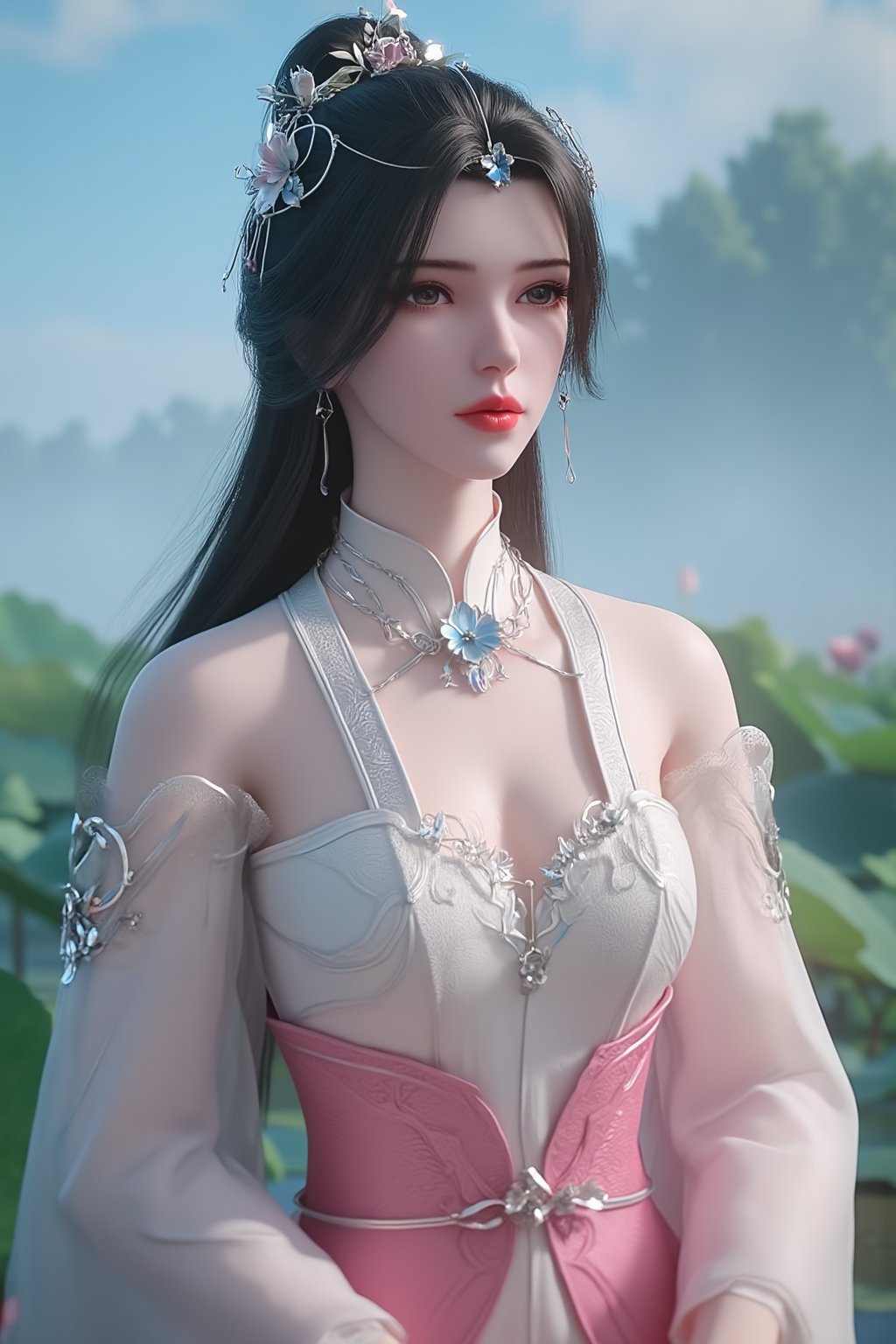  (masterpiece, best quality:1.2),1girl, navel, solo, midriff, bare shoulders, hair ornament, flower, hair flower,, long hair, red lips,
BREAK, (looking at viewer:1.23),(light pink-white color:1.29), (Gradient seven colors rainbow dress:1.39), 
BREAK,blurry, solo focus, long hair, lips, day, lipstick, outdoors, upper body, blurry,(huge breasts:1.39),Xyunxiao,(snow,Peony:1.52),(Lotus pond, lotus:1.32), (blue sky:1.23),Xlimuwan,XxiaoxunerX,Xhuolinger