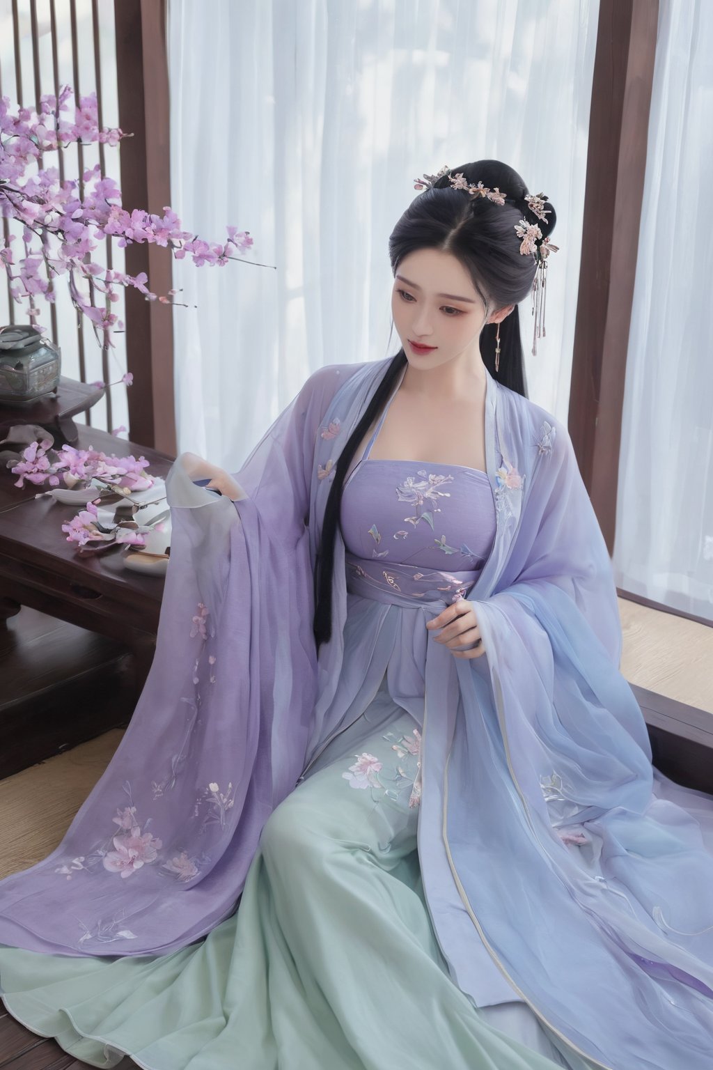 (masterpiece, best quality:1.2),1girl, solo, long hair, black hair,(huge breasts:1.89),Hairpins,necklace, hair ornament, dress, full body, flower, earrings, indoors, hair bun, (purple-green-blue dress:1.29),(Tube top Hanfu long skirt:1.1), pillow, bed, night, chinese clothes, table, branch,daxiushan, ,daxiushan style,(huge breasts:2.59), (full breasts:2.34), realistic,hanfu, daxiushan,Shoulders are exposed, , daxiushan, arien_hanfu,,More Reasonable Details,Xyunluo,Xningyudie