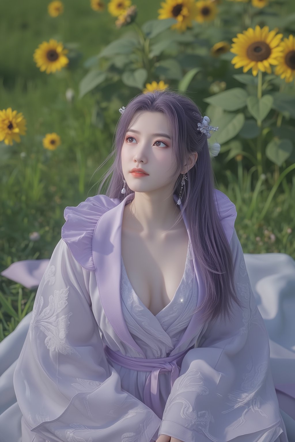 1 girl, (photorealistic:1.2), KOLNB, hanfu, light purple and white dominant, muted color, sit on the field of green grass and yellow sunflower, view from above, the girl looking up,Xyunxiao,(big breasts:1.59),