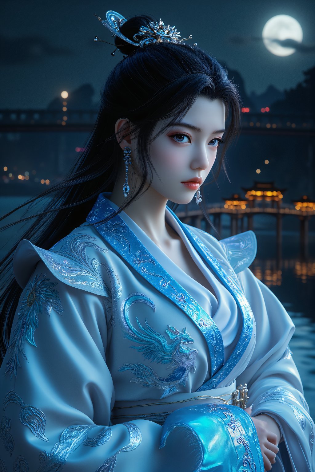  1girl , mantle, shining silver jewels. (Majestic pose:1.4), (hieratic expression:1.6), emerging from the darkness in the style of Rembrandt. The caracter wears a white and pale blue hanbok  dress. The character is illuminated from the side by a dark warm light. Marine vibes. Vibrant colors. The background is lake bridge shining by moonlight. UHD, high resolution, 8k. (8k, RAW photo, best quality, masterpiece:1.2), (realistic, photo-realistic:1.2)(raw photo) , detailed and intricate, original,highres,looking at viewer,upper body,black hair,BREAK,(light Azure Holographic clothing:1.29),(big breasts:1.89),Xyunxiao,1girl,(full moon,Peony:1.36),BREAK,(Holographic color Chinese Phoenix pattern embroidery:1.26)