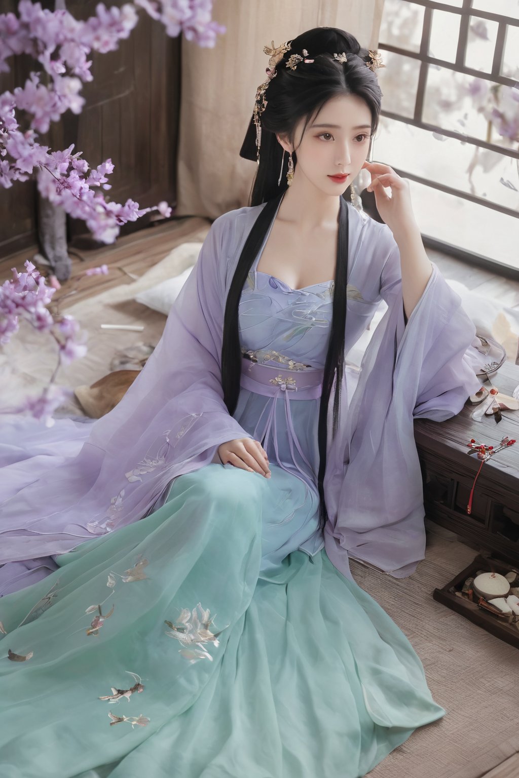 (masterpiece, best quality:1.2),1girl, solo, long hair, black hair,(huge breasts:1.89),Hairpins,necklace, hair ornament, dress, full body, flower, earrings, indoors, hair bun, (purple-green-blue dress:1.29),(Tube top Hanfu long skirt:1.1), pillow, bed, night, chinese clothes, table, branch,daxiushan, ,daxiushan style,(huge breasts:2.59), (full breasts:2.34), realistic,hanfu, daxiushan,Shoulders are exposed, , daxiushan, arien_hanfu,,More Reasonable Details,Xyunluo,Xningyudie