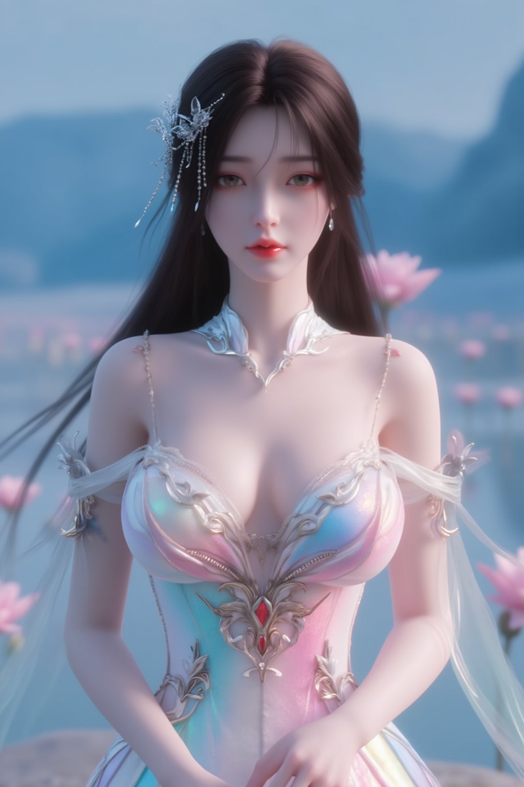  (masterpiece, best quality:1.2),1girl, navel, solo, midriff, bare shoulders, hair ornament, flower, hair flower,, long hair, red lips,
BREAK, (looking at viewer:1.23),(Holographic light pink-white color:1.29), (Holographic Gradient seven colors rainbow dress:1.39), 
BREAK,blurry, solo focus, long hair, lips, day, lipstick, outdoors, upper body, blurry,(huge breasts:1.39),Xyunxiao,(snow,Peony:1.52),(Lotus pond, lotus:1.32), (blue sky:1.23),Xhaiqinyan,XxiaoxunerX,Xhuolinger